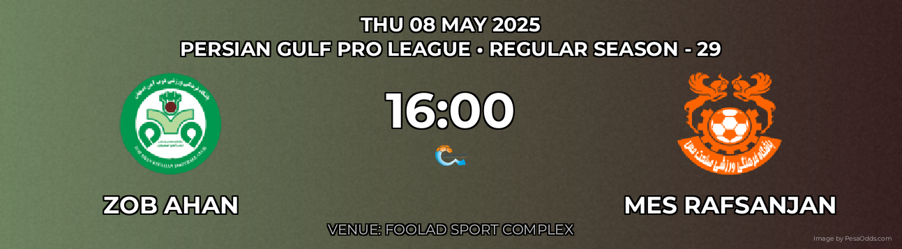 ZOB Ahan vs Mes Rafsanjan Prediction match poster for Persian Gulf Pro League fixture on THU 08 MAY 2025