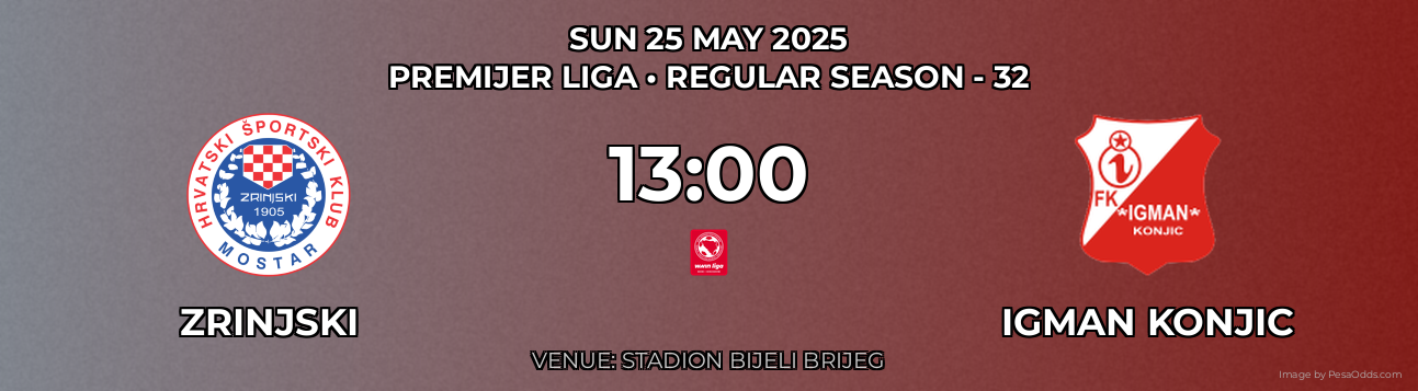 Zrinjski vs Igman Konjic Prediction match poster for Premijer Liga fixture on SUN 25 MAY 2025