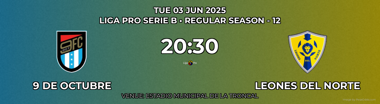 9 de Octubre vs Leones del Norte Prediction match poster for Liga Pro Serie B fixture on TUE 03 JUN 2025