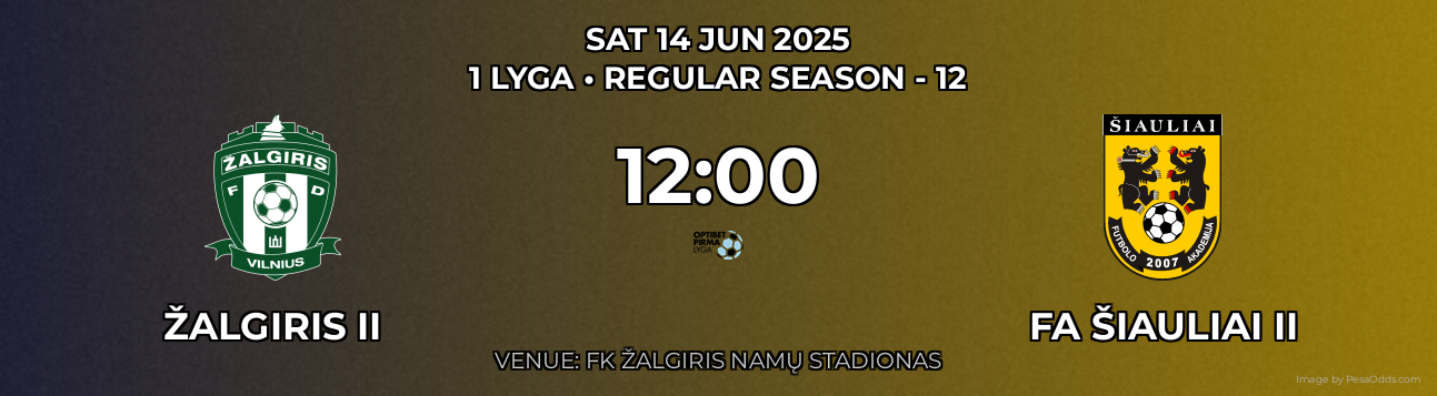 Žalgiris II vs FA Šiauliai II Prediction match poster for 1 Lyga fixture on SAT 14 JUN 2025
