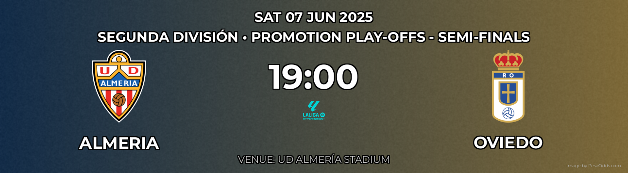 Almeria vs Oviedo Prediction match poster for Segunda División fixture on SAT 07 JUN 2025