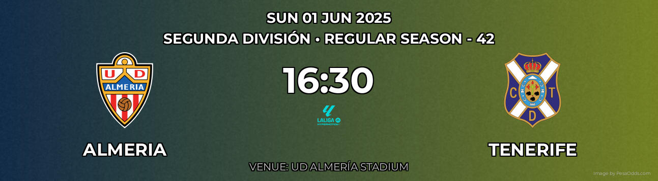 Almeria vs Tenerife Prediction match poster for Segunda División fixture on SUN 01 JUN 2025