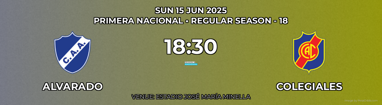 Alvarado vs Colegiales Prediction match poster for Primera Nacional fixture on SUN 15 JUN 2025