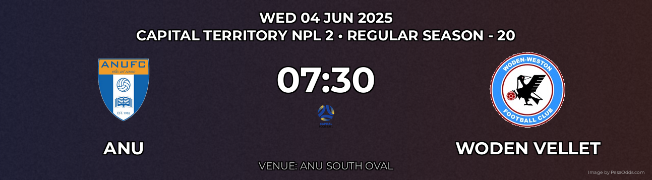 ANU vs Woden Vellet Prediction match poster for Capital Territory NPL 2 fixture on WED 04 JUN 2025