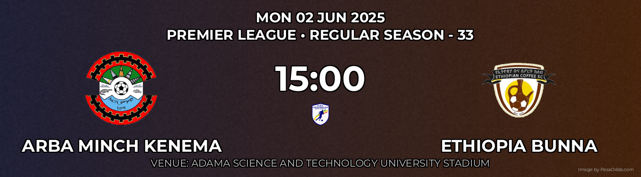 Arba Minch Kenema vs Ethiopia Bunna Prediction match poster for Premier League fixture on MON 02 JUN 2025