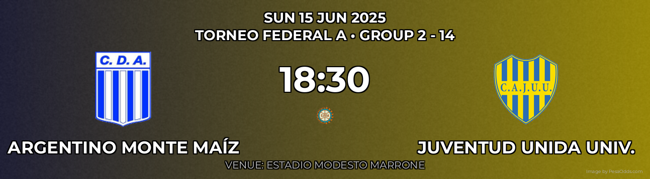 Argentino Monte Maíz vs Juventud Unida Univ. Prediction match poster for Torneo Federal A fixture on SUN 15 JUN 2025