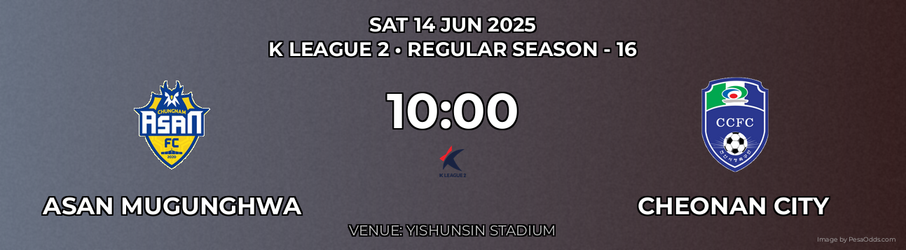 Asan Mugunghwa vs Cheonan City Prediction match poster for K League 2 fixture on SAT 14 JUN 2025