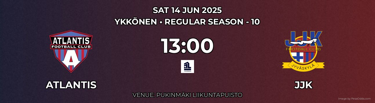 Atlantis vs JJK Prediction match poster for Ykkönen fixture on SAT 14 JUN 2025