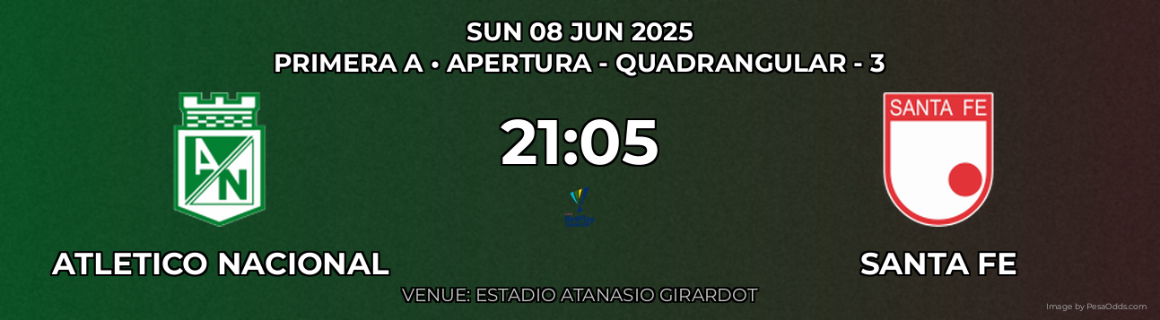 Atletico Nacional vs Santa Fe Prediction match poster for Primera A fixture on SUN 08 JUN 2025