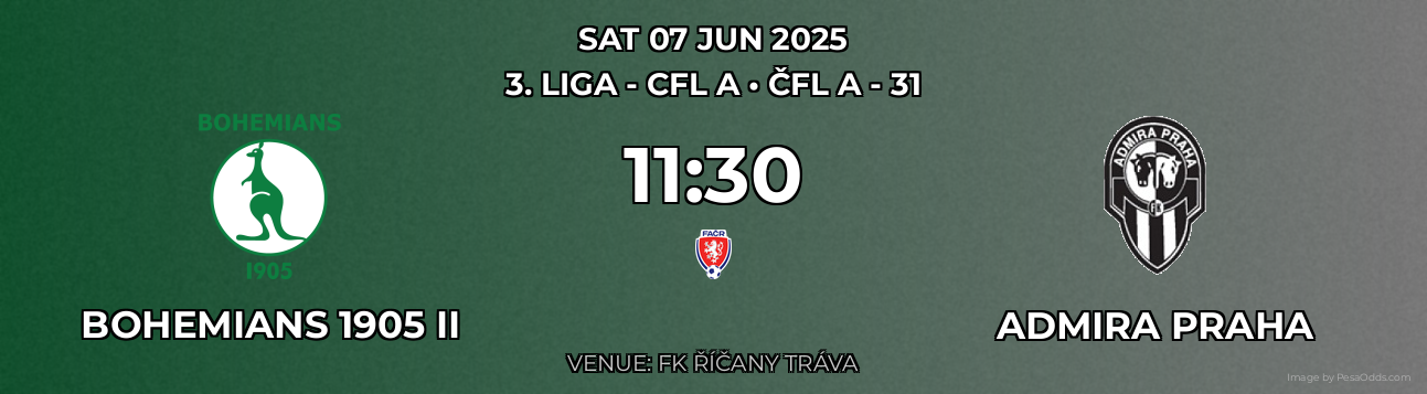 Bohemians 1905 II vs Admira Praha Prediction match poster for 3. liga - CFL A fixture on SAT 07 JUN 2025
