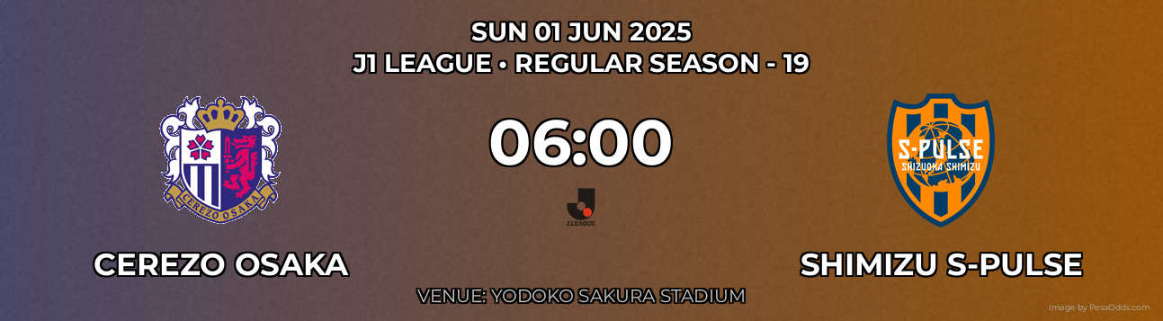 Cerezo Osaka vs Shimizu S-pulse Prediction match poster for J1 League fixture on SUN 01 JUN 2025