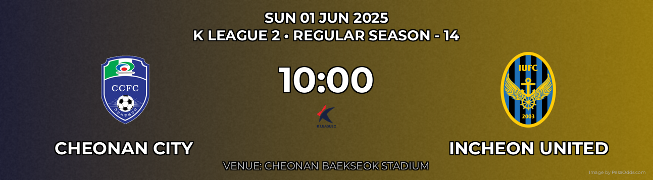 Cheonan City vs Incheon United Prediction match poster for K League 2 fixture on SUN 01 JUN 2025