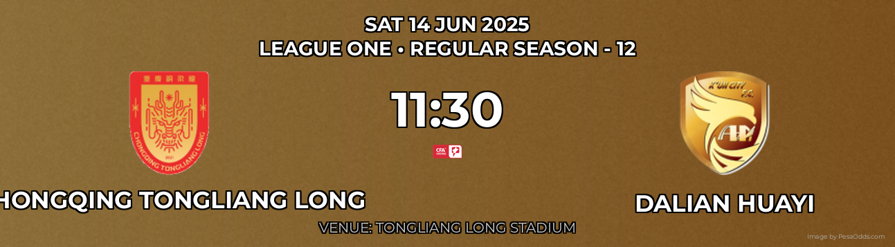 Chongqing Tongliang Long vs Dalian Huayi Prediction match poster for League One fixture on SAT 14 JUN 2025