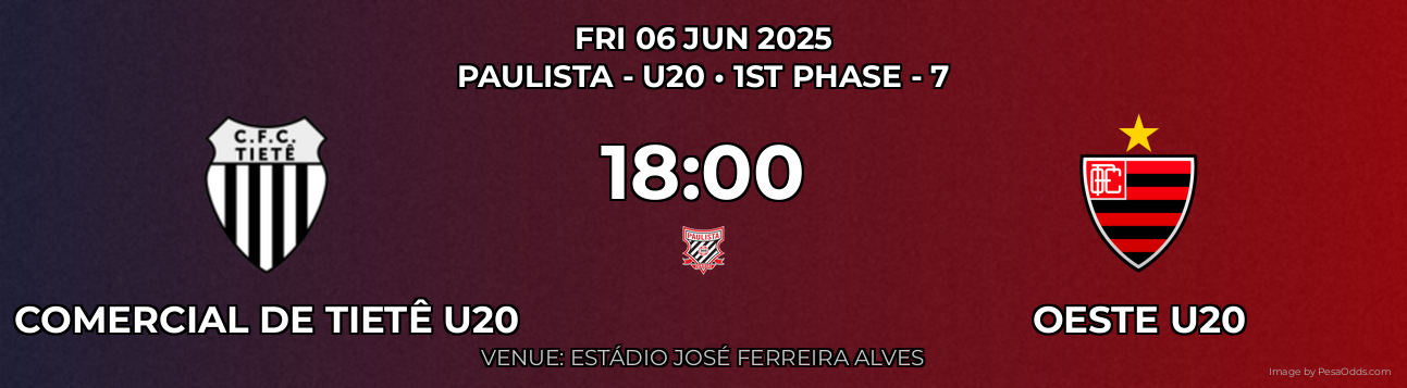 Comercial de Tietê U20 vs Oeste U20 Prediction match poster for Paulista - U20 fixture on FRI 06 JUN 2025