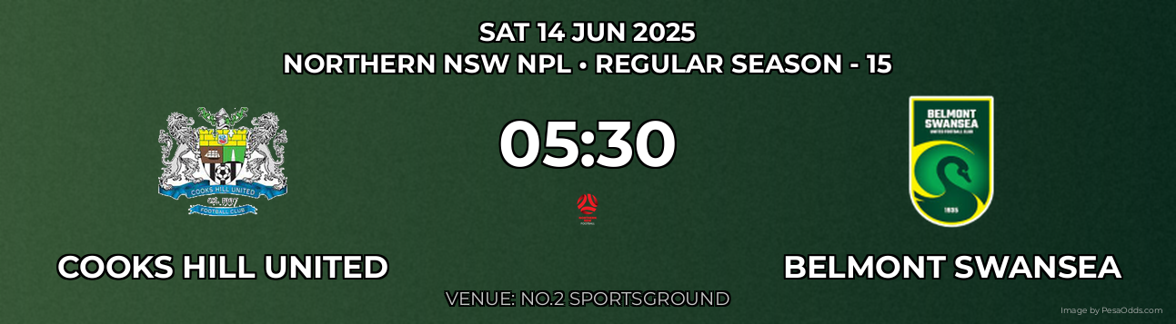Cooks Hill United vs Belmont Swansea Prediction match poster for Northern NSW NPL fixture on SAT 14 JUN 2025