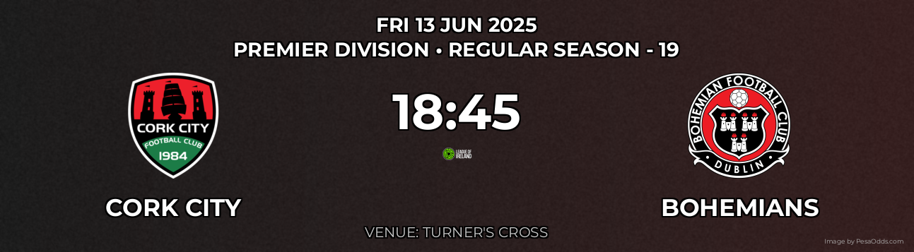 Cork City vs Bohemians Prediction match poster for Premier Division fixture on FRI 13 JUN 2025