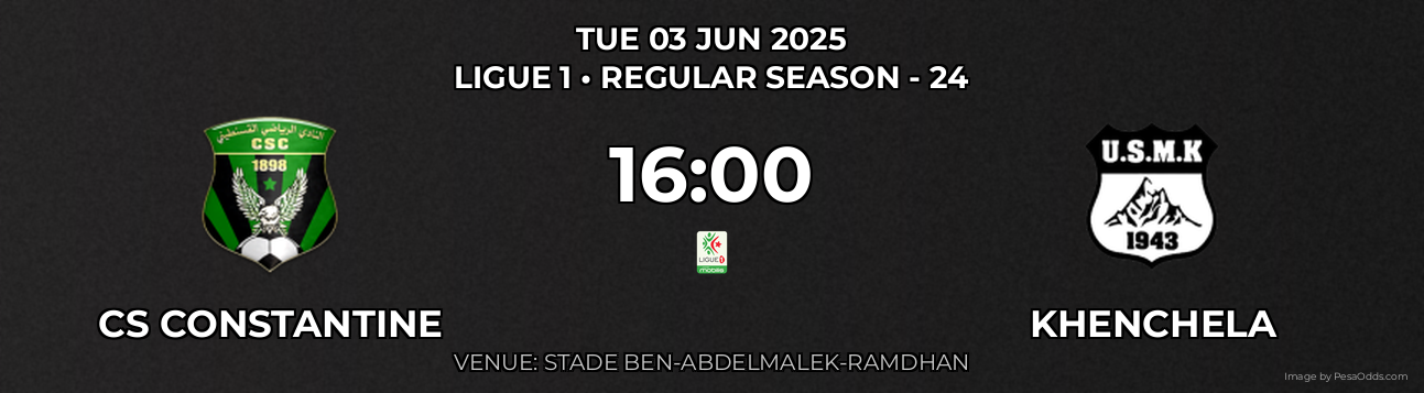 CS Constantine vs Khenchela Prediction match poster for Ligue 1 fixture on TUE 03 JUN 2025