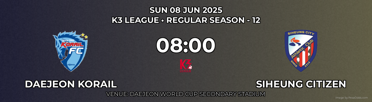 Daejeon Korail vs Siheung Citizen Prediction match poster for K3 League fixture on SUN 08 JUN 2025