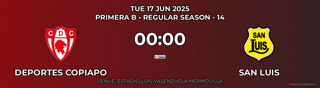 Deportes Copiapo vs San Luis Prediction match poster for Primera B fixture on TUE 17 JUN 2025