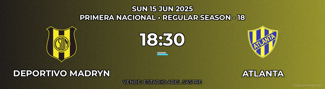 Deportivo Madryn vs Atlanta Prediction match poster for Primera Nacional fixture on SUN 15 JUN 2025