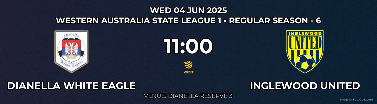 Dianella White Eagle vs Inglewood United Prediction match poster for Western Australia State League 1 fixture on WED 04 JUN 2025