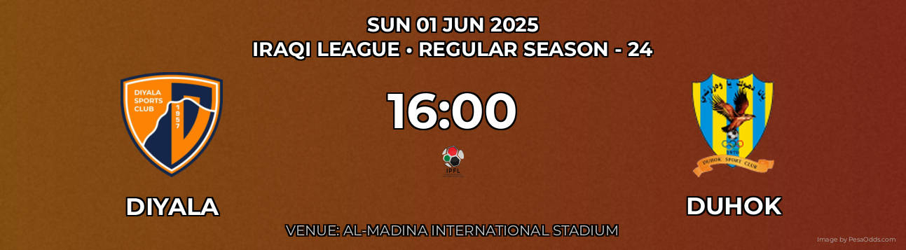 Diyala vs Duhok Prediction match poster for Iraqi League fixture on SUN 01 JUN 2025