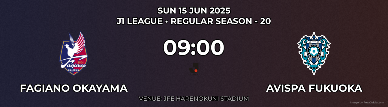 Fagiano Okayama vs Avispa Fukuoka Prediction match poster for J1 League fixture on SUN 15 JUN 2025