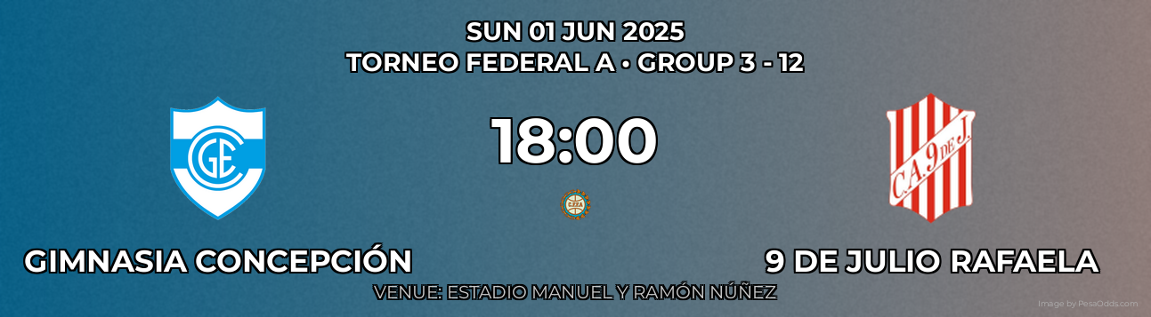Gimnasia Concepción vs 9 de Julio Rafaela Prediction match poster for Torneo Federal A fixture on SUN 01 JUN 2025