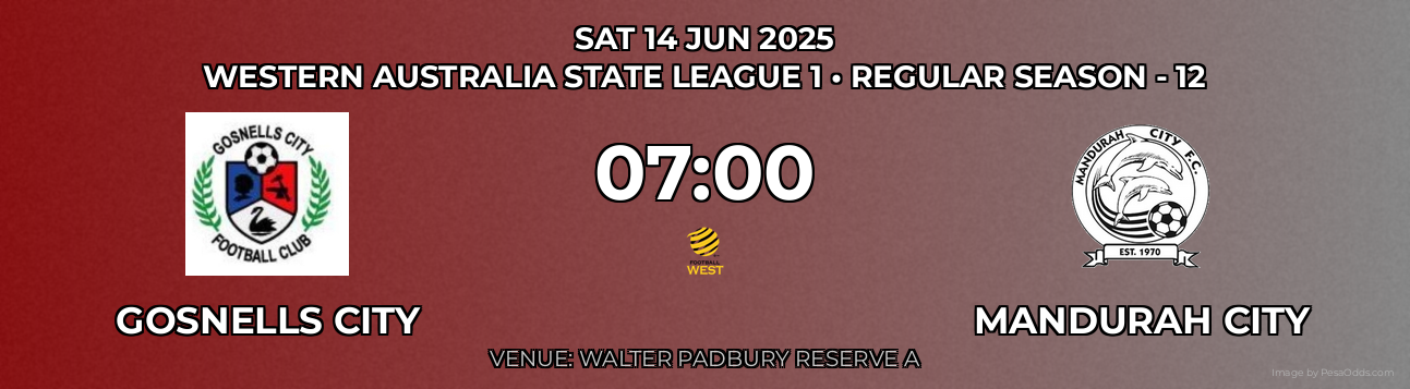 Gosnells City vs Mandurah City Prediction match poster for Western Australia State League 1 fixture on SAT 14 JUN 2025