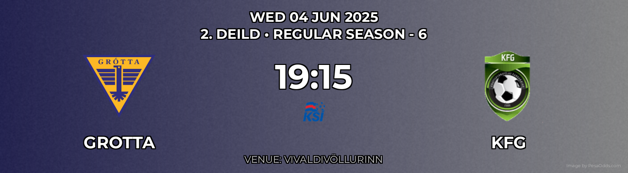 Grotta vs KFG Prediction match poster for 2. Deild fixture on WED 04 JUN 2025