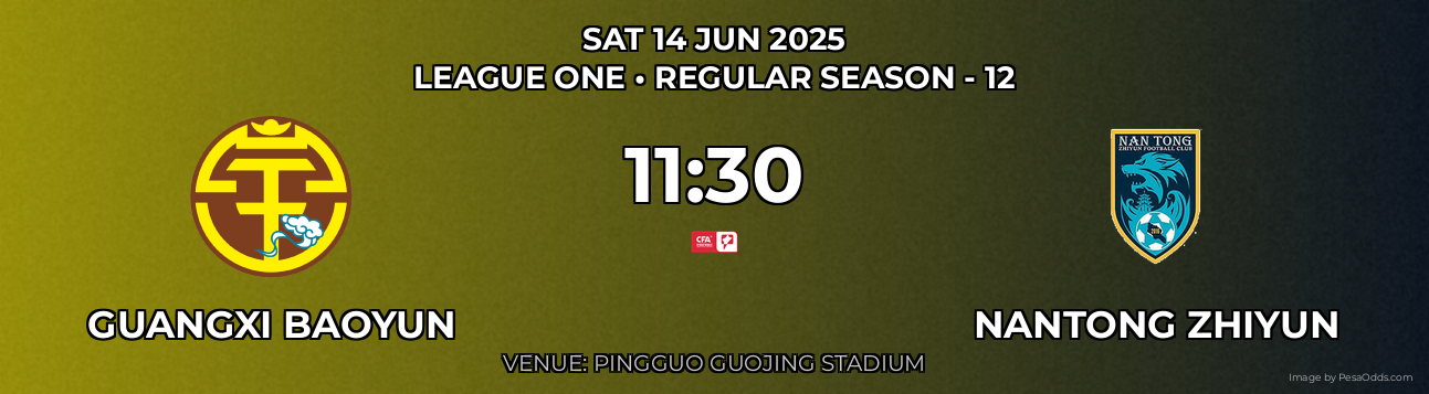Guangxi Baoyun vs Nantong Zhiyun Prediction match poster for League One fixture on SAT 14 JUN 2025