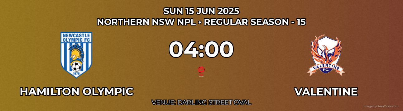 Hamilton Olympic vs Valentine Prediction match poster for Northern NSW NPL fixture on SUN 15 JUN 2025
