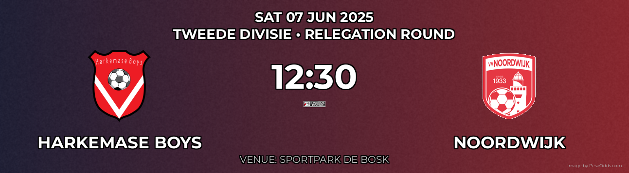 Harkemase Boys vs Noordwijk Prediction match poster for Tweede Divisie fixture on SAT 07 JUN 2025