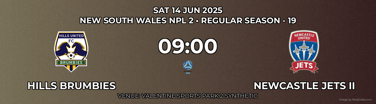 Hills Brumbies vs Newcastle Jets II Prediction match poster for New South Wales NPL 2 fixture on SAT 14 JUN 2025