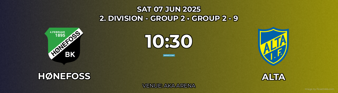 Hønefoss vs Alta Prediction match poster for 2. Division - Group 2 fixture on SAT 07 JUN 2025