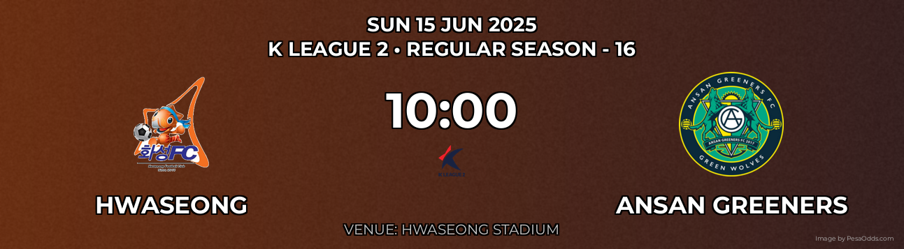 Hwaseong vs Ansan Greeners Prediction match poster for K League 2 fixture on SUN 15 JUN 2025