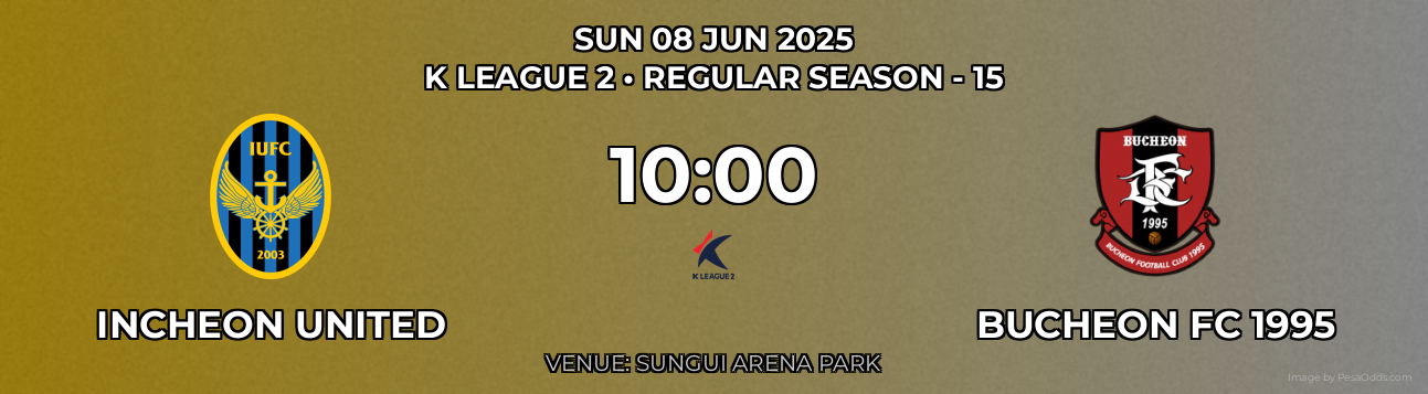 Incheon United vs Bucheon FC 1995 Prediction match poster for K League 2 fixture on SUN 08 JUN 2025