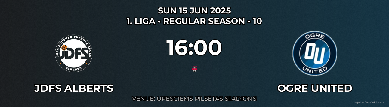 JDFS Alberts vs Ogre United Prediction match poster for 1. Liga fixture on SUN 15 JUN 2025