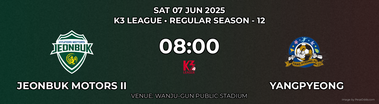 Jeonbuk Motors II vs Yangpyeong Prediction match poster for K3 League fixture on SAT 07 JUN 2025