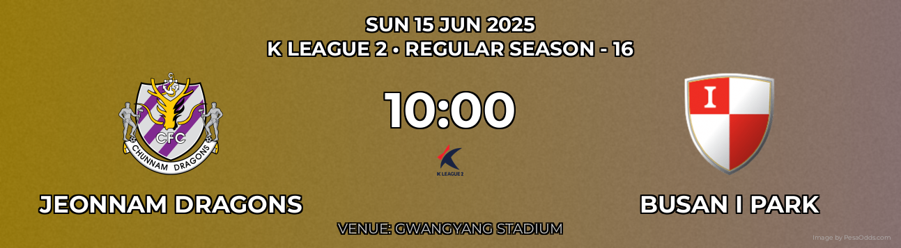 Jeonnam Dragons vs Busan I Park Prediction match poster for K League 2 fixture on SUN 15 JUN 2025