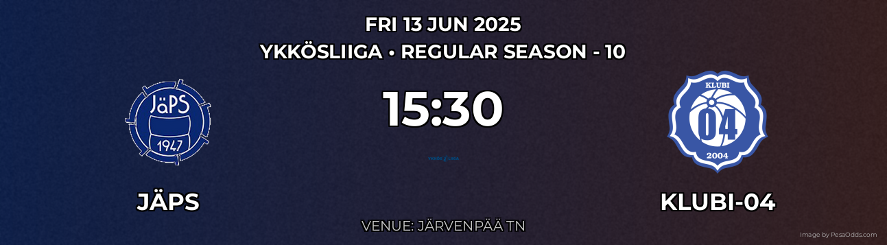 JäPS vs Klubi-04 Prediction match poster for Ykkösliiga fixture on FRI 13 JUN 2025