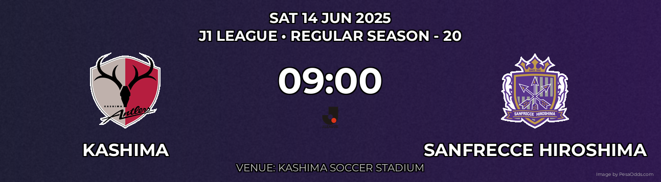 Kashima vs Sanfrecce Hiroshima Prediction match poster for J1 League fixture on SAT 14 JUN 2025