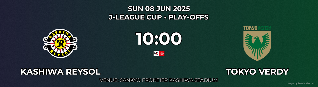 Kashiwa Reysol vs Tokyo Verdy Prediction match poster for J-League Cup fixture on SUN 08 JUN 2025