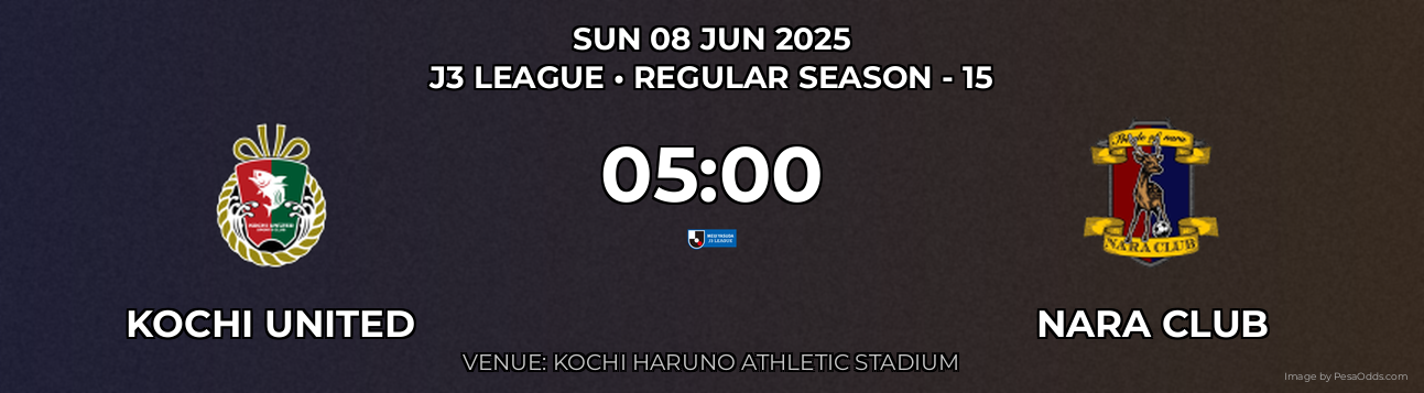 Kochi United vs Nara Club Prediction match poster for J3 League fixture on SUN 08 JUN 2025