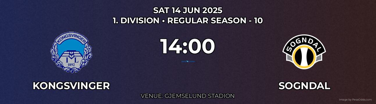 Kongsvinger vs Sogndal Prediction match poster for 1. Division fixture on SAT 14 JUN 2025