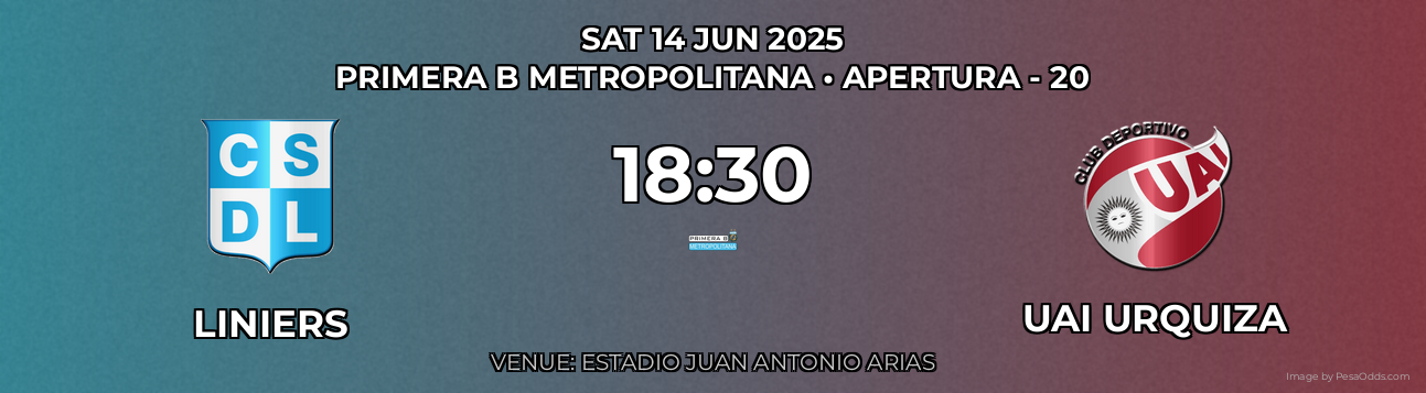Liniers vs UAI Urquiza Prediction match poster for Primera B Metropolitana fixture on SAT 14 JUN 2025