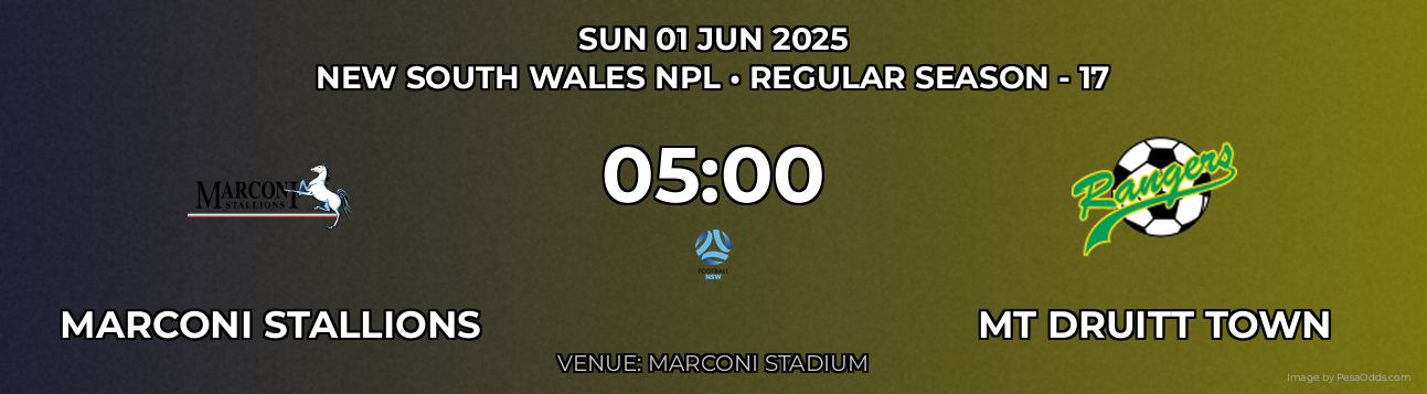 Marconi Stallions vs Mt Druitt Town Prediction match poster for New South Wales NPL fixture on SUN 01 JUN 2025