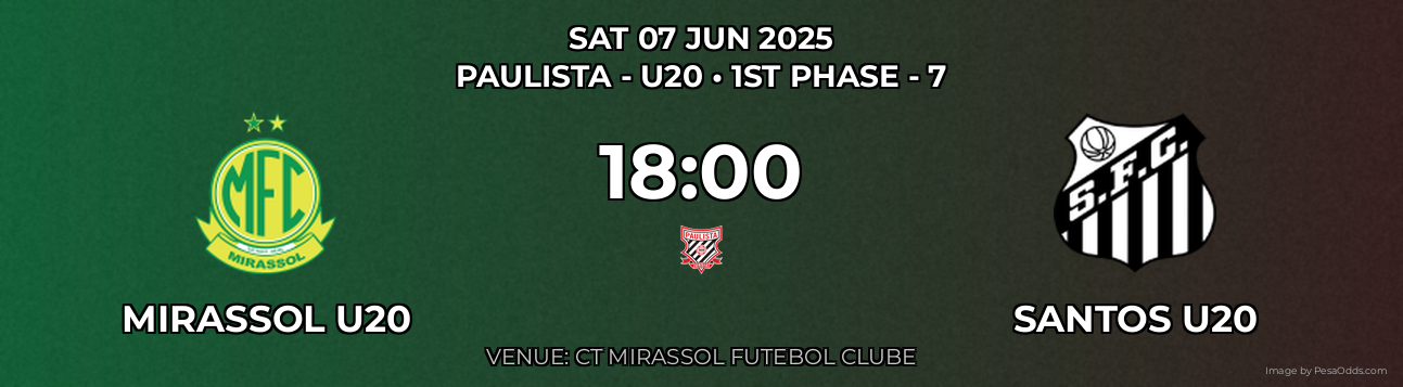 Mirassol U20 vs Santos U20 Prediction match poster for Paulista - U20 fixture on SAT 07 JUN 2025