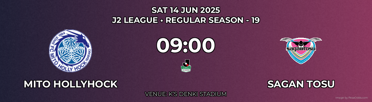 Mito Hollyhock vs Sagan Tosu Prediction match poster for J2 League fixture on SAT 14 JUN 2025