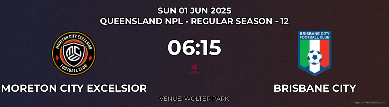 Moreton City Excelsior vs Brisbane City Prediction match poster for Queensland NPL fixture on SUN 01 JUN 2025